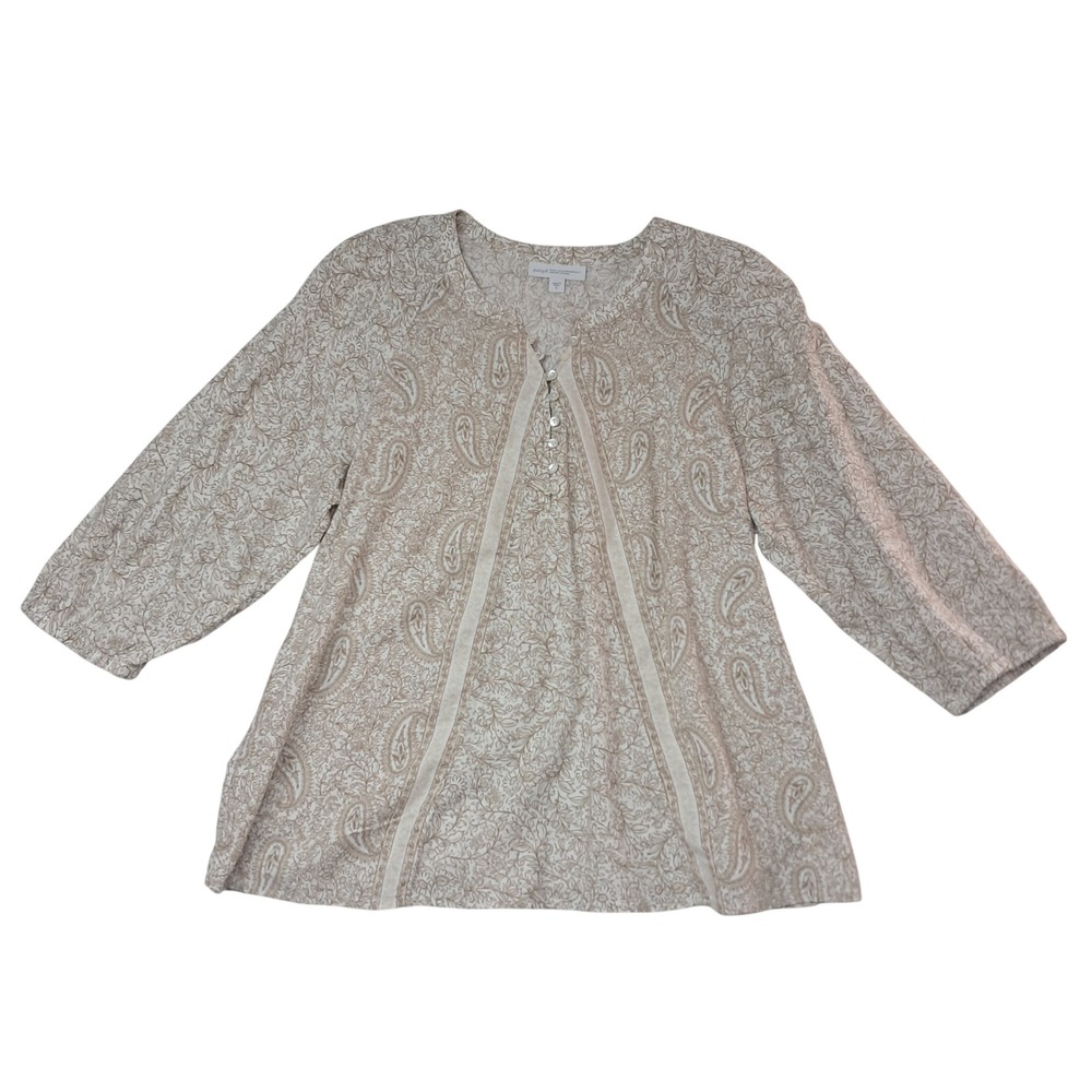 J. Jill Top Womens XL Beige Paisley Henley 3/4 Sleeve Organic Cotton Boho